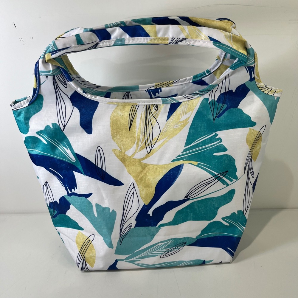 New Chicos Insulated Tote Bag Travel Blue Yellow Tropical Leaf Coastal Beachy - Picture 3 of 7